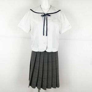 1円 セーラー服 チェックスカート 紐タイ 上下3点セット 夏物 青1本線 女子 学生服 岡山玉島商業高校 白 制服 中古 ランクC NA0051