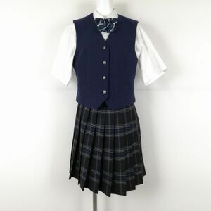 1円 ベスト チェックスカート リボン 上下4点セット CONOMi 冬物 女子 学生服 中学 高校 紺 制服 中古 ランクC EY9702