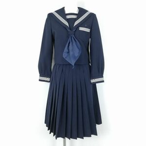 1円 セーラー服 スカート スカーフ 上下3点セット 指定 150A ミッシェルクラン 冬物 白3本線 女子 中学 高校 紺 中古 ランクC EY9476