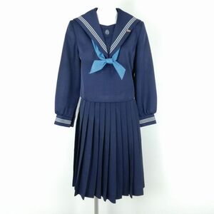 1円 セーラー服 スカート スカーフ 上下3点セット 160A トンボ 冬物 グレー3本線 女子 学生服 高知岡豊高校 紺 制服 中古 ランクC EY9978