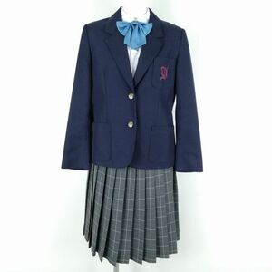 1円 ブレザー チェックスカート リボン 上下4点セット 160A カンコー 冬物 女子 学生服 高知横浜中学 紺 制服 中古 ランクB NA0033