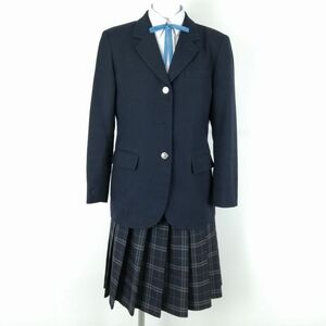 1円 ブレザー チェックスカート 紐タイ 上下4点セット 指定 160A 富士ヨット 冬物 女子 学生服 秦野総合高校 紺 制服 中古 ランクC NA0032