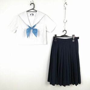 1円 セーラー服 スカート スカーフ 上下3点セット 165A ミッシェルクラン 夏物 白2本線 女子 学生服 中学 高校 白 中古 ランクC EY2527の画像1