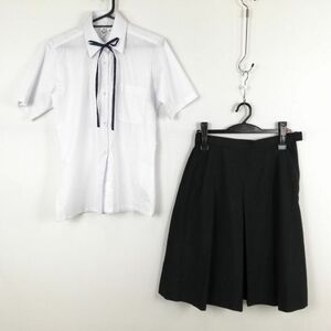 1円 ブラウス スカート 紐タイ 上下3点セット 155 夏物 女子 学生服 中学 高校 白 制服 中古 ランクB EY1249