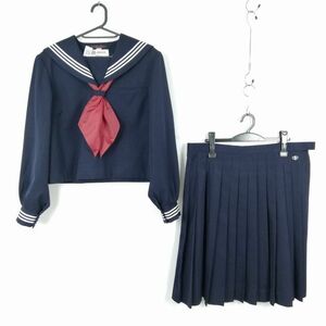 1円 セーラー服 スカート スカーフ 上下3点セット 大きいサイズ 冬物 白3本線 女子 学生服 中学 高校 紺 制服 中古 ランクC NA0095