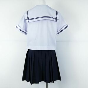 1円 セーラー服 ミニスカート スカーフ 上下3点セット 大きいサイズ 夏物 青2本線 女子 学生服 中学 高校 白 制服 中古 ランクC EY9697の画像2