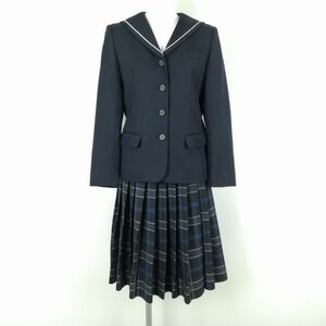 1円 セーラー服 チェックスカート 上下2点セット 160A カンコー 冬物 白1本線 女子 学生服 中学 高校 紺 制服 中古 ランクC NA0212