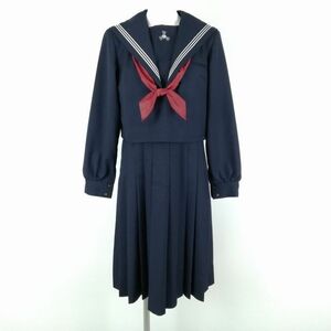 1円 セーラー服 ジャンパースカート スカーフ 上下3点セット 指定 150A 冬物 白3本線 女子 学生服 福岡粕屋中学 紺 中古 ランクC EY9801