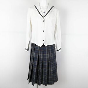 1円 セーラー服 チェックスカート 上下2点セット カンコー 中間服 柄1本線 女子 学生服 愛媛今治南高校 白 制服 中古 ランクC NA0074