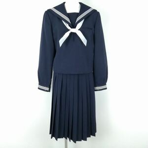 1円 セーラー服 スカート 上下3点セット 指定 175A 大きいサイズ ELLE 冬物 白3本線 女子 学生服 中学 高校 紺 制服 中古 ランクC EY9977