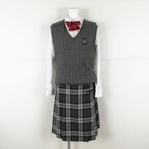 1円 ベスト チェックスカート リボン 上下4点セット 冬物 女子 学生服 中学 高校 グレー 森英恵 制服 中古 ランクB NA0319_画像1