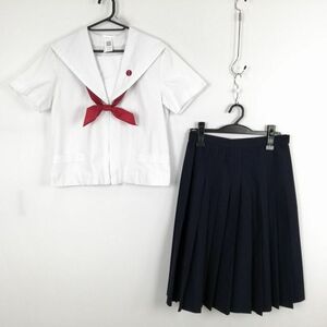 1円 セーラー服 スカート スカーフ 上下3点セット 夏物 白1本線 女子 学生服 長崎大村高校 白 制服 中古 ランクC EY2530