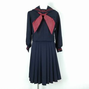 1円 セーラー服 スカート スカーフ 上下3点セット 冬物 赤3本線 女子 学生服 中学 高校 紺 制服 中古 ランクC EY9712の画像1