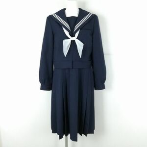 1円 セーラー服 ジャンパースカート スカーフ 上下3点セット 指定 165A カンコー 冬物 白3本線 女子 中学 高校 紺 中古 ランクC EY9606