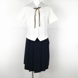 1円 セーラー服 スカート 紐タイ 上下3点セット M トンボ 夏物 女子 学生服 兵庫姫路飾西高校 白 制服 中古 ランクC EY9808