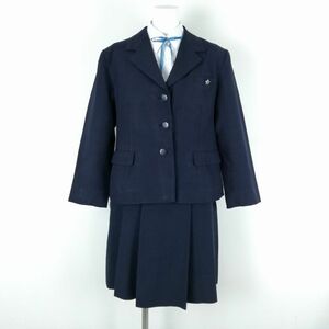 1円 ブレザー スカート 紐タイ 上下4点セット 大きいサイズ 冬物 女子 学生服 神奈川大磯高校 紺 制服 中古 ランクC EY9945