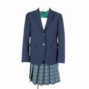 1円 ブレザー チェックスカート リボン 上下4点セット 冬物 女子 学生服 中学 高校 紺 制服 中古 ランクB NA0107