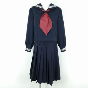 1円 セーラー服 スカート スカーフ 上下3点セット 大きいサイズ トンボ 冬物 白3本線 女子 学生服 中学 高校 紺 制服 中古 ランクC NA0031