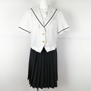 1円 セーラー服 チェックスカート 上下2点セット 夏物 青1本線 女子 学生服 岡山芳泉高校 白 制服 中古 ランクC NA0091