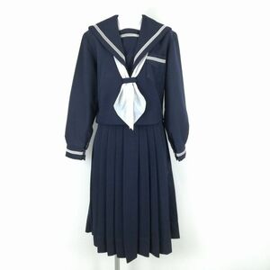 1円 セーラー服 スカート スカーフ 上下3点セット 大きいサイズ 冬物 白3本線 女子 学生服 中学 高校 紺 制服 中古 ランクC EY9665