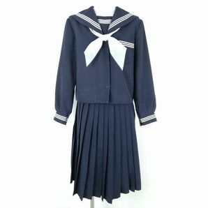 1円 セーラー服 スカート スカーフ 上下3点セット 165A 大きいサイズ 富士ヨット 冬物 白3本線 女子 中学 高校 紺 中古 ランクC NA0054の画像1