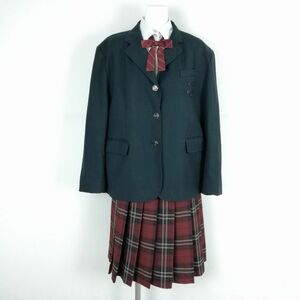 1円 ブレザー スカート リボン 上下4点セット 大きいサイズ 冬物 女子 学生服 茨城つくば秀英高校 緑 制服 中古 ランクC NA0549