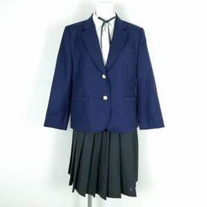 1円 ブレザー チェックスカート 紐タイ 上下4点セット 160A トンボ 冬物 女子 学生服 中学 高校 紺 制服 中古 ランクC NA0548の画像1