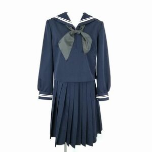 1円 セーラー服 スカート スカーフ 上下3点セット 165A オリーブデオリーブ 冬物 白2本線 女子 学生服 中学 高校 紺 中古 ランクB NA0131