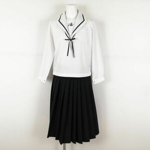 1円 セーラー服 スカート 紐タイ 上下3点セット S 中間服 黒1本線 女子 学生服 岡山朝日高校 白 制服 中古 ランクC NA0205