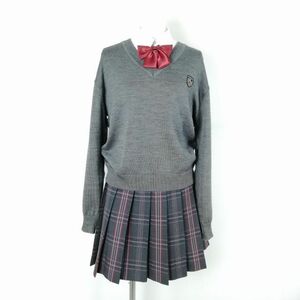1 jpy sweater check skirt top and bottom 4 point set L large size Fuji yacht winter thing Kyushu industry university attached Kyushu industry high school gray used rank C EY9897