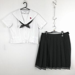 1円 セーラー服 スカート スカーフ 上下3点セット 大きいサイズ トンボ 夏物 白1本線 女子 長崎大村高校 白 中古 ランクC EY2595の画像1