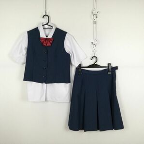 1円 ベスト スカート リボン 上下4点セット 夏物 女子 学生服 中学 高校 紺 制服 中古 ランクC EY6859の画像1