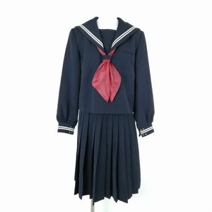 1円 セーラー服 スカート 上下3点セット 170A 大きいサイズ 冬物 白2本線 女子 学生服 香川古高松中学 紺 制服 中古 ランクC NA0132