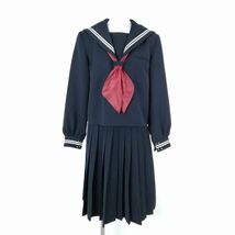 1円 セーラー服 スカート 上下3点セット 170A 大きいサイズ 冬物 白2本線 女子 学生服 香川古高松中学 紺 制服 中古 ランクC NA0132_画像1