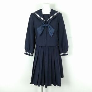 1円 セーラー服 スカート スカーフ 上下3点セット 冬物 白2本線 女子 学生服 中学 高校 紺 制服 中古 ランクC NA0115