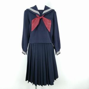 1円 セーラー服 スカート スカーフ 上下3点セット 165A 大きいサイズ 冬物 白3本線 女子 学生服 中学 高校 紺 制服 中古 ランクC NA0226