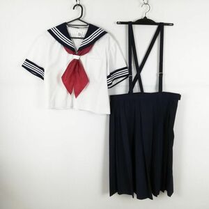 1円 セーラー服 スカート スカーフ 上下3点セット 大きいサイズ 特大 夏物 白3本線 女子 学生服 香川明善高校 白 制服 中古 ランクC NA0494