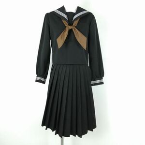 1円 セーラー服 スカート スカーフ 上下3点セット 冬物 白3本線 女子 学生服 静岡韮山中学 黒 制服 中古 ランクC NA0620