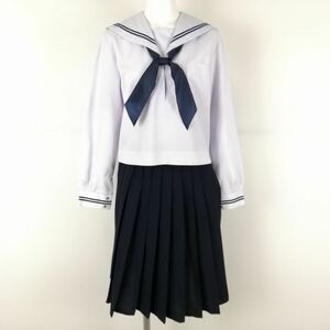 1円 セーラー服 スカート スカーフ 上下3点セット 中間服 青2本線 女子 学生服 中学 高校 白 制服 中古 ランクC EY9759