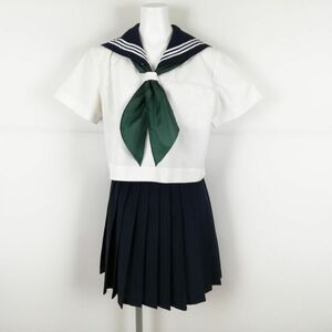 1円 セーラー服 スカート スカーフ 上下3点セット 夏物 白3本線 女子 学生服 香川明善高校 白 制服 中古 ランクC NA0531