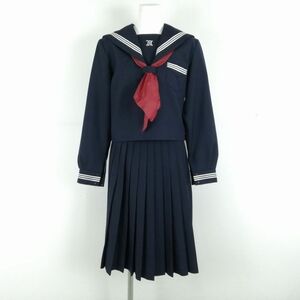 1円 セーラー服 スカート スカーフ 上下3点セット 大きいサイズ 冬物 白3本線 女子 学生服 兵庫姫路広畑中学 紺 制服 中古 ランクC NA0725