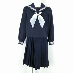 1円 セーラー服 スカート スカーフ 上下3点セット 大きいサイズ トンボ 冬物 白3本線 女子 学生服 中学 高校 紺 制服 中古 ランクC NA0030