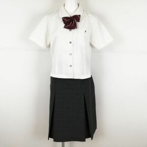 1円 ブラウス チェックスカート リボン 上下3点セット M 富士ヨット 夏物 女子 学生服 兵庫福崎高校 白 制服 中古 ランクC NA0529