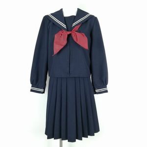 1円 セーラー服 スカート スカーフ 上下3点セット 冬物 白2本線 女子 学生服 中学 高校 紺 制服 中古 ランクC NA0298