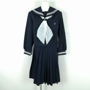 1円 セーラー服 スカート スカーフ 上下3点セット 指定 冬物 白3本線 女子 学生服 高知野市中学 紺 制服 中古 ランクC NA0500