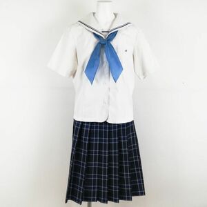 1円 セーラー服 チェックスカート スカーフ 上下3点セット 大きいサイズ 夏物 青グレー各1本線 女子 岡山倉敷高校 白 中古 ランクC NA0506