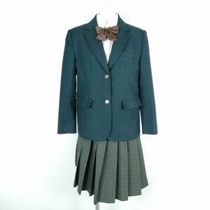 1円 ブレザー チェックスカート リボン 上下4点セット L トンボ 冬物 女子 学生服 中学 高校 緑 制服 中古 ランクC NA0753