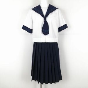 1円 セーラー服 スカート ネクタイ 上下3点セット 160A カンコー 夏物 緑2本線 女子 学生服 中学 高校 白 制服 中古 ランクC NA0761