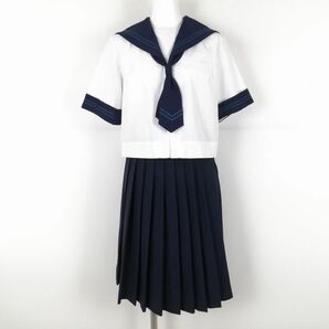 1円 セーラー服 スカート ネクタイ 上下3点セット 160A カンコー 夏物 緑2本線 女子 学生服 中学 高校 白 制服 中古 ランクC NA0761の画像1