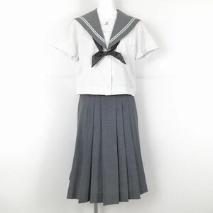 1円 セーラー服 スカート スカーフ 上下3点セット 夏物 白2本線 女子 学生服 佐賀金泉中学 白 制服 中古 ランクC NA0762